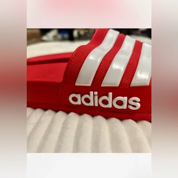 Adidas Men’s Red and White Striped Slides | Size 9 Men’s / 11 Women’s - Picture 3 of 5